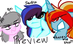 Size: 658x400 | Tagged: safe, artist:sirena-flitter, derpibooru import, oc, oc:artie brush, oc:perry notes, oc:sweet tune, unofficial characters only, earth pony, pegasus, pony, unicorn, angry, boi, female, glasses, horn, image, jpeg, mare, meme, multicolored hair, open mouth, ponytail, preview, rainbow hair, simple background, sparkles, sunglasses, swag, text, unamused, white background