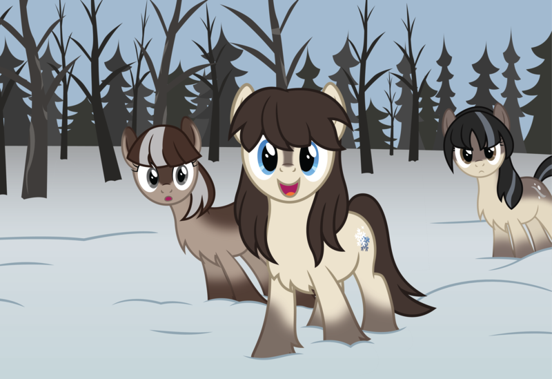 Size: 4368x3000 | Tagged: source needed, safe, artist:marbo, artist:tolerance, oc, oc:cold shoulder, oc:frosty flakes, oc:winter wonder, unofficial characters only, pony, taiga pony, :c, brown mane, chest fluff, drawthread, female, fluffy, forest, frown, image, looking at you, mare, ooo, open mouth, png, ponified animal photo, redraw, show accurate, smiling, snow, tree, trio, unshorn fetlocks