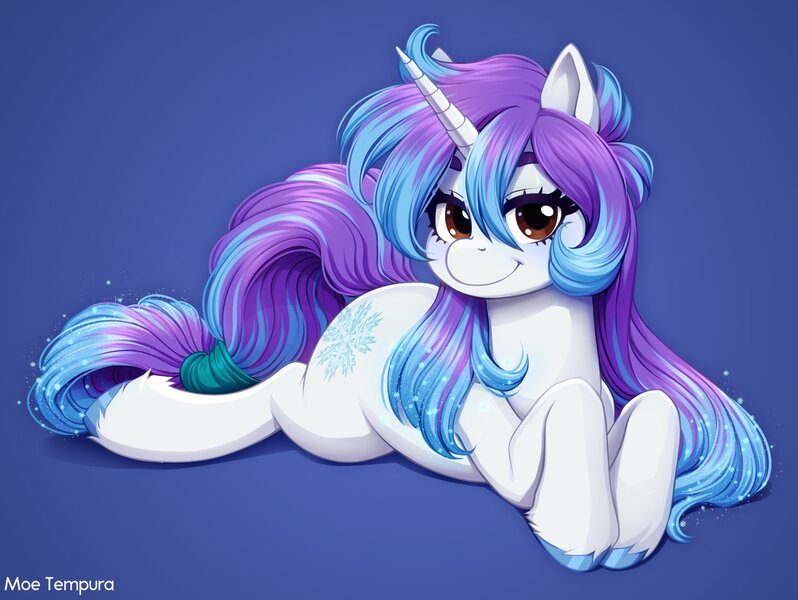 Size: 2212x1664 | Tagged: safe, artist:moetempura, derpibooru import, oc, oc:ame jikame, unofficial characters only, pony, unicorn, blue background, cute, female, hairband, horn, image, jpeg, looking at you, lying down, mare, ocbetes, prone, simple background, smiling, snow, snowflake, solo, tail, tail band, unicorn oc, white body