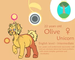 Size: 1000x800 | Tagged: safe, artist:saasart, derpibooru import, oc, oc:olive, pony, unicorn, blonde mane, brown coat, chubby, cutie mark, female, freckles, gray eyes, horn, image, mare, markings, orange background, orange coat, png, reference sheet, simple background, text, tree, two toned coat, unicorn oc