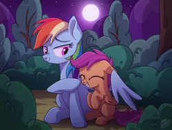 Size: 1024x768 | Tagged: safe, artist:golden bloom, derpibooru import, rainbow dash, scootaloo, pegasus, pony, bush, female, filly, floppy ears, foal, forest, full moon, image, jpeg, mare, moon, night, scootalove, sibling love, signature, sisterly love, sitting, stars, tree