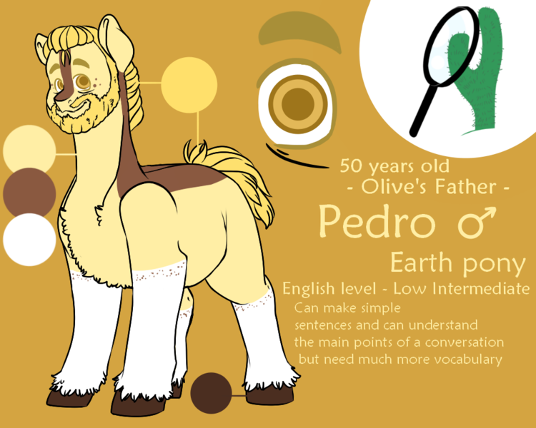 Size: 1000x800 | Tagged: safe, artist:saasart, derpibooru import, oc, oc:pedro, earth pony, pony, beard, blonde mane, brown coat, cactus, coat markings, colored hooves, cutie mark, earth pony oc, facial hair, father, freckles, image, magnifying glass, male, markings, multicolored coat, png, reference sheet, simple background, socks (coat marking), stallion, text, unshorn fetlocks, white coat, yellow background, yellow coat, yellow eyes