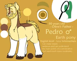 Size: 1000x800 | Tagged: safe, artist:saasart, derpibooru import, oc, oc:pedro, earth pony, pony, beard, blonde mane, brown coat, cactus, coat markings, colored hooves, cutie mark, earth pony oc, facial hair, father, freckles, image, magnifying glass, male, markings, multicolored coat, png, reference sheet, simple background, socks (coat marking), stallion, text, unshorn fetlocks, white coat, yellow background, yellow coat, yellow eyes