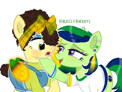 Size: 2320x1752 | Tagged: safe, artist:kellysweet1, derpibooru import, oc, oc:maria potranca, oc:sol shines, unofficial characters only, earth pony, pegasus, pony, bedroom eyes, blushing, bracelet, brazil, clothes, duo, ear piercing, earring, eyeshadow, female, hair over one eye, headband, hoof on chin, image, jewelry, looking at each other, looking at someone, makeup, mare, multicolored hair, open mouth, overalls, piercing, png, raised hoof, shirt, simple background, t-shirt, transparent background