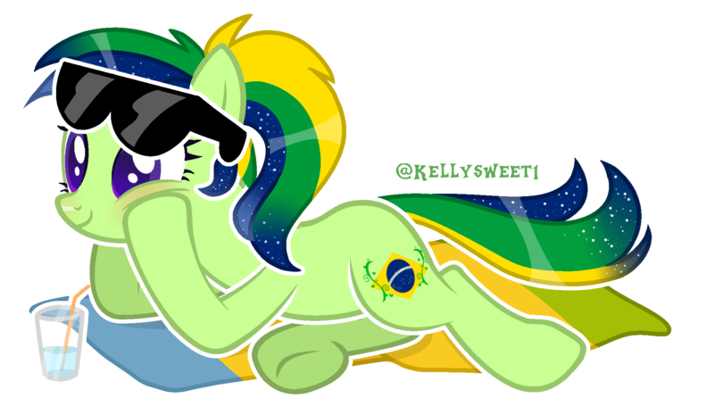 Size: 1957x1113 | Tagged: safe, artist:kellysweet1, derpibooru import, oc, oc:maria potranca, unofficial characters only, earth pony, pony, alternate hairstyle, blushing, brazil, drink, female, glass, image, mare, multicolored hair, png, ponytail, simple background, straw, sunglasses, towel, transparent background