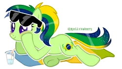 Size: 1957x1113 | Tagged: safe, artist:kellysweet1, derpibooru import, oc, oc:maria potranca, unofficial characters only, earth pony, pony, alternate hairstyle, blushing, brazil, drink, female, glass, image, mare, multicolored hair, png, ponytail, simple background, straw, sunglasses, towel, transparent background