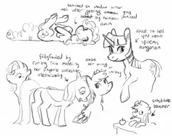 Size: 2048x1630 | Tagged: suggestive, artist:spectralunicorn, derpibooru import, applejack, fluttershy, pinkie pie, rainbow dash, rarity, twilight sparkle, earth pony, pegasus, pony, unicorn, apple, black and white, female, food, grayscale, image, jpeg, lying down, mane six, mare, monochrome, on back, simple background, sketch, text, unicorn twilight, white background