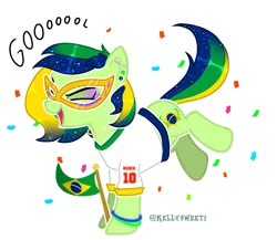 Size: 1585x1374 | Tagged: safe, artist:kellysweet1, derpibooru import, oc, oc:maria potranca, unofficial characters only, earth pony, pony, brazil, clothes, confetti, ear piercing, earring, excited, eyes closed, eyeshadow, female, flag, goal, happy, image, jewelry, makeup, mare, mask, multicolored hair, piercing, png, raised leg, shirt, simple background, solo, t-shirt, transparent background, wristband