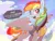 Size: 2500x1909 | Tagged: safe, artist:nookprint, derpibooru import, rainbow dash, pegasus, pony, blushing, clothes, cloud, cute, dashabetes, dialogue, female, flag, i'm not cute, image, mare, open mouth, png, solo, speech bubble, spread wings, stomping, talking, talking to viewer, tsunderainbow, tsundere, uniform, wings, wonderbolt trainee uniform