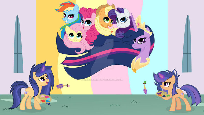 Size: 1024x578 | Tagged: safe, artist:velveagicsentryyt, derpibooru import, applejack, fluttershy, pinkie pie, princess twilight 2.0, rainbow dash, rarity, twilight sparkle, twilight sparkle (alicorn), oc, oc:galaxy swirls, oc:velvet sentry, alicorn, pony, unicorn, the last problem, base used, deviantart watermark, easel, female, image, jpeg, magic, mane six, mare, obtrusive watermark, offspring, older, older twilight, parent:flash sentry, parent:twilight sparkle, parents:flashlight, watermark