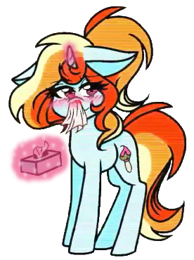 Size: 276x370 | Tagged: safe, derpibooru import, oc, oc:artie brush, unofficial characters only, pony, unicorn, blood, blushing, female, floppy ears, image, looking at you, magic, mare, multicolored hair, nosebleed, paint, paintbrush, png, ponytail, rainbow hair, simple background, sparkles, tissue, tissue box, transparent background, youtube link