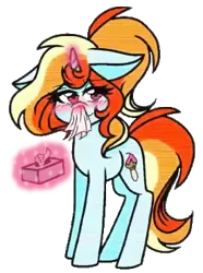 Size: 276x370 | Tagged: safe, derpibooru import, oc, oc:artie brush, unofficial characters only, pony, unicorn, blood, blushing, female, floppy ears, image, looking at you, magic, mare, multicolored hair, nosebleed, paint, paintbrush, png, ponytail, rainbow hair, simple background, sparkles, tissue, tissue box, transparent background, youtube link