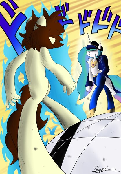 Size: 2089x3000 | Tagged: safe, artist:brogararts, derpibooru import, princess celestia, oc, alicorn, earth pony, pony, bipedal, clothes, duo, duo female, female, hand in pocket, hat, hat over eyes, image, imminent fight, japanese, jojo's bizarre adventure, jpeg, mare, meme, moon runes, oh you're approaching me, ponified meme, suddenly hands