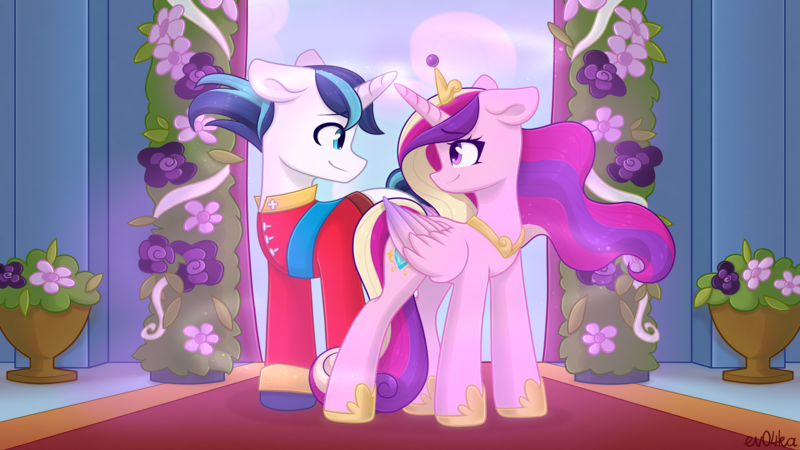 Size: 3840x2160 | Tagged: safe, artist:ev04ka, derpibooru import, princess cadance, shining armor, alicorn, pony, unicorn, canterlot wedding 10th anniversary, clothes, female, image, male, mare, marriage, png, rcf community, scene interpretation, shiningcadance, shipping, stallion, straight, wedding