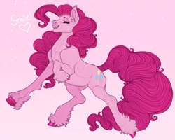 Size: 1280x1024 | Tagged: safe, artist:snowberry, derpibooru import, pinkie pie, earth pony, pony, abstract background, cute, diapinkes, ear fluff, eyes closed, female, fluffy, frog (hoof), heart, hoers, image, jumping, mare, png, pose, realistic horse legs, smiling, solo, teeth, underhoof, unshorn fetlocks