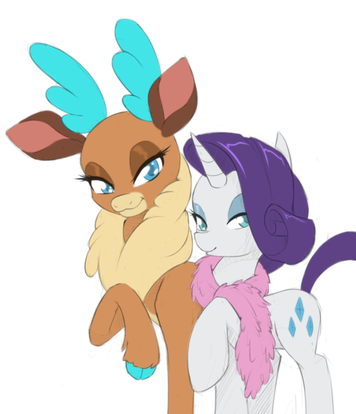 Size: 860x1000 | Tagged: safe, artist:dstears, derpibooru import, edit, rarity, velvet reindeer, deer, pony, reindeer, unicorn, them's fightin' herds, community related, crossover, duo, image, png, simple background