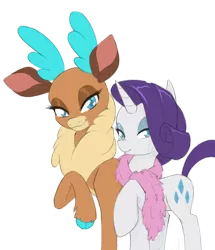 Size: 860x1000 | Tagged: safe, artist:dstears, derpibooru import, edit, rarity, velvet reindeer, deer, pony, reindeer, unicorn, them's fightin' herds, community related, crossover, duo, image, png, simple background