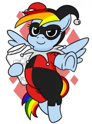 Size: 499x669 | Tagged: safe, artist:jargon scott, derpibooru import, rainbow dash, pegasus, pony, rainbow dash presents, clothes, cosplay, costume, domino mask, female, harley quinn, image, jar, lidded eyes, looking at you, mare, mask, png, simple background, smiling, smiling at you, solo, style emulation, sugarcube, tubby wubby pony waifu, white background
