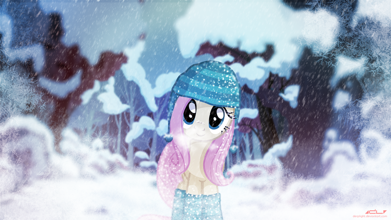 Size: 1920x1080 | Tagged: safe, artist:derplight, fluttershy, clothes, forest, hat, image, png, tree, wallpaper, winter, winter outfit