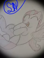 Size: 960x1280 | Tagged: safe, artist:mlpluckycharm, derpibooru import, oc, oc:gemheart, unofficial characters only, pegasus, pony, female, image, jpeg, lying down, mare, on back, open mouth, pencil drawing, smiling, traditional art, wings