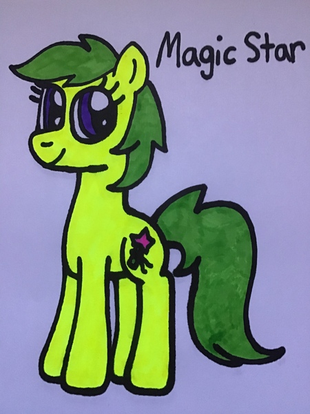 Size: 2448x3264 | Tagged: safe, artist:maddiedraws5678, derpibooru import, magic star, earth pony, pony, adorablestar, colored, cute, female, full body, g1, g1 to g4, g4, generation leap, green hair, green mane, green tail, hooves, image, jpeg, mare, purple eyes, simple background, smiling, standing, tail, traditional art, white background