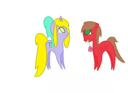 Size: 1024x745 | Tagged: safe, artist:mlpluckycharm, derpibooru import, oc, oc:lucky charm, oc:that purple pony, unofficial characters only, earth pony, pony, unicorn, chibi, colt, female, foal, horn, image, jpeg, male, mare, mouth hold, ponytail, smiling, stallion