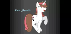 Size: 1023x495 | Tagged: safe, artist:mlpluckycharm, derpibooru import, oc, oc:katie sparkle, unofficial characters only, pony, unicorn, eyes closed, female, heart, horn, image, jpeg, mare, microphone, open mouth, raised hoof, raised leg, smiling, text