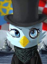 Size: 156x210 | Tagged: safe, derpibooru import, oc, unofficial characters only, gryphon, equestria at war mod, annoyed, beak, blue eyes, boat, bust, clothes, female, flag, hat, image, monocle, monocle and top hat, necktie, png, portrait, ship, solo, suit, top hat