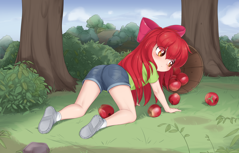 Size: 6539x4201 | Tagged: safe, artist:pestil, banned from derpibooru, paywalled source, apple bloom, human, apple, blushing, bucket, clothes, female, food, humanized, image, lolicon, looking at you, looking back, looking back at you, orchard, png, solo, tree, underage