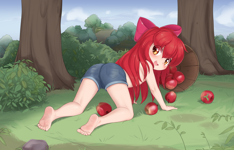 Size: 6539x4201 | Tagged: questionable, artist:pestil, banned from derpibooru, paywalled source, apple bloom, human, apple, blushing, bucket, clothes, female, food, humanized, image, lolicon, looking at you, looking back, looking back at you, nudity, orchard, partial nudity, png, solo, topless, tree, underage