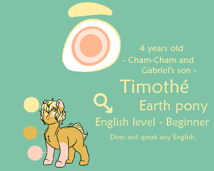 Size: 1000x800 | Tagged: safe, artist:saasart, derpibooru import, oc, oc:timothe, unofficial characters only, earth pony, pony, blonde mane, coat markings, colt, earth pony oc, foal, image, male, orange coat, orange eyes, pink coat, png, reference sheet, simple background, socks (coat marking), son, teal background, text, two toned coat