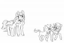 Size: 2048x1374 | Tagged: safe, artist:spectralunicorn, derpibooru import, derpy hooves, dinky hooves, twilight sparkle, twilight sparkle (alicorn), oc, oc:nyx, alicorn, classical unicorn, pegasus, pony, unicorn, black and white, clothes, cloven hooves, female, filly, foal, glasses, grayscale, hug, image, jpeg, leonine tail, lineart, mare, monochrome, running, simple background, unshorn fetlocks, vest, white background, winghug, wings