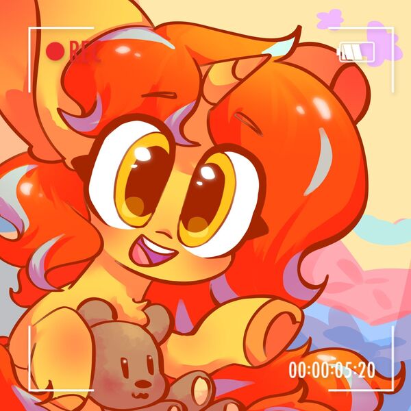 Size: 2048x2048 | Tagged: safe, artist:sunny berry, derpibooru import, oc, oc:cinderheart, unofficial characters only, bear, pony, unicorn, cute, image, jpeg, looking at you, pillow, smiling, smiling at you