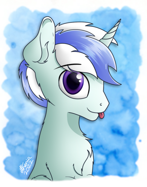 Size: 960x1217 | Tagged: safe, artist:etheria galaxia, derpibooru import, oc, oc:scratch wub, unofficial characters only, pony, unicorn, :p, abstract background, bust, chest fluff, colored pupils, ear fluff, eyebrows, horn, image, looking at you, male, png, portrait, signature, smiling, smiling at you, solo, stallion, tongue out, unicorn oc