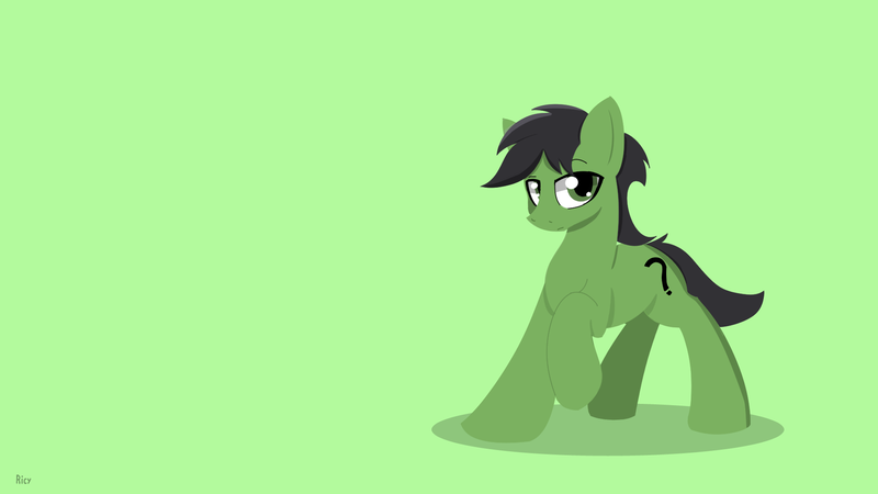 Size: 1920x1080 | Tagged: safe, artist:ricy, derpibooru import, oc, oc:anon stallion, unofficial characters only, earth pony, pony, cutie mark, earth pony oc, green background, green eyes, image, lineless, looking at you, male, png, raised eyebrow, raised hoof, simple background, solo, stallion, wallpaper