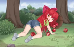 Size: 2158x1386 | Tagged: safe, artist:pestil, banned from derpibooru, ponybooru import, apple bloom, human, all fours, apple, basket, blushing, clothes, female, food, humanized, image, lolicon, looking back, outdoors, png, solo, underage