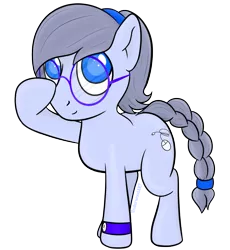 Size: 1377x1500 | Tagged: safe, artist:underwoodart, derpibooru import, oc, oc:doubleclick, unofficial characters only, earth pony, pony, blue coat, blue eyes, braided tail, computer mouse, earth pony oc, female, glasses, gray mane, hair tie, hairband, image, mare, png, round glasses, simple background, solo, tail, transparent background, watch, wristwatch