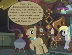 Size: 924x704 | Tagged: safe, derpibooru import, edit, edited screencap, screencap, derpy hooves, doctor whooves, time turner, slice of life (episode), cropped, doctor who, doctor whooves' lab, flameless fireworks, image, lamp, png, speech, speech bubble, talking, the time meddler