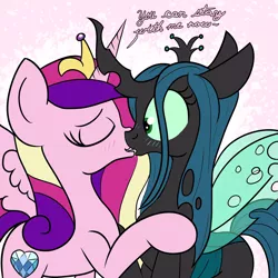 Size: 2000x2000 | Tagged: safe, artist:dafiltafish, derpibooru import, princess cadance, queen chrysalis, alicorn, changeling, changeling queen, pony, abstract background, blushing, cadalis, canterlot wedding 10th anniversary, drool, duo, eyes closed, female, image, implied throuple, infidelity, kissing, lesbian, png, shipping, simple background, surprise kiss