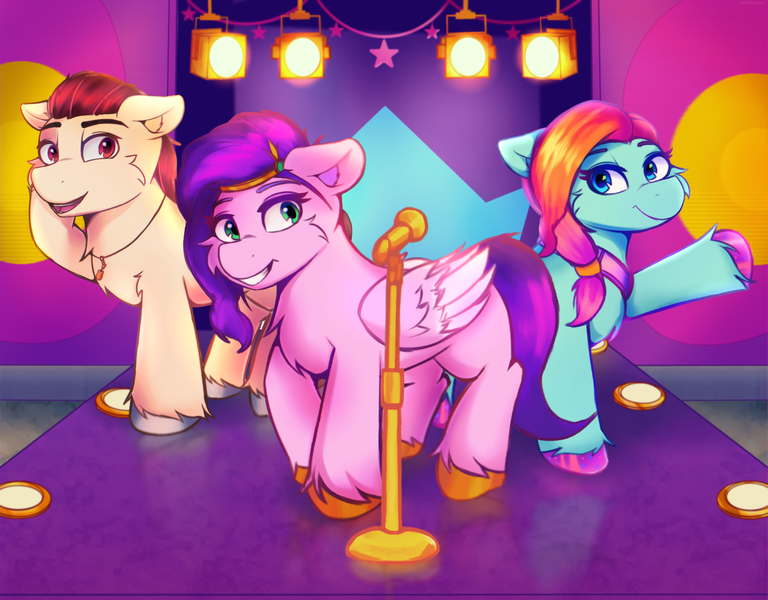 Size: 4096x3200 | Tagged: safe, artist:legionsunite, derpibooru import, pipp petals, earth pony, pegasus, pony, my little pony: make your mark, female, fluffy, g5, image, jazz (g5), male, mare, microphone, png, rocky (g5), spotlight, stage, stallion, trio