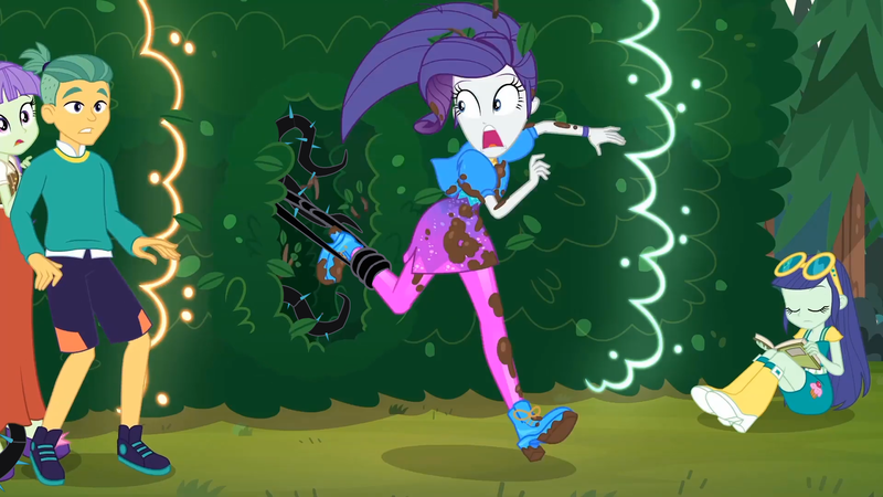 Size: 1920x1080 | Tagged: safe, derpibooru import, edit, edited screencap, screencap, blueberry cake, guy grove, rarity, starlight, equestria girls, equestria girls series, lost and pound, spoiler:eqg series (season 2), black vine, book, female, garden, geode of shielding, i've seen enough hentai to know where this is going, image, lost and pound: rarity, magical geodes, male, maze, mud, muddy, music festival outfit, neon garden maze, outdoors, png, running, scared, terrified