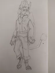 Size: 540x720 | Tagged: safe, artist:xasslash, derpibooru import, oc, oc:flynn the icecold, anthro, gryphon, bandana, beanie, clothes, hat, image, jpeg, male, paw sneakers, photo, sketch, solo, suspenders, traditional art