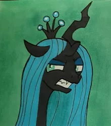 Size: 1483x1685 | Tagged: safe, artist:polar_storm, derpibooru import, queen chrysalis, changeling, changeling queen, angry, canterlot wedding 10th anniversary, colored background, female, green background, green eyes, image, jpeg, simple background, solo, traditional art
