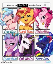 Size: 2157x2622 | Tagged: safe, artist:maren, derpibooru import, cozy glow, pinkie pie, princess celestia, princess luna, queen haven, sunset shimmer, earth pony, pegasus, pony, unicorn, six fanarts, equestria girls, cute, female, g5, glow, glowing eyes, image, lunabetes, open mouth, png, royal sisters, siblings, sisters