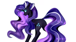 Size: 800x450 | Tagged: safe, artist:buvanybu, derpibooru import, nightmare rarity, pony, unicorn, blue eyes, crown, female, flowing mane, flowing tail, gem, glow, horn, image, jewelry, looking back, mare, png, purple mane, purple tail, regalia, simple background, smiling, solo, tail, white background