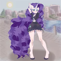 Size: 1600x1600 | Tagged: safe, artist:grimalfawn, artist:olivetwizzler, derpibooru import, rarity, anthro, unguligrade anthro, unicorn, arm behind head, boat, breasts, choker, city, cleavage, clothes, cutie mark, cutie mark on clothes, detailed background, ear piercing, earring, female, image, jewelry, jpeg, lidded eyes, long hair, long tail, piercing, solo, sun, tail, water, wide hips