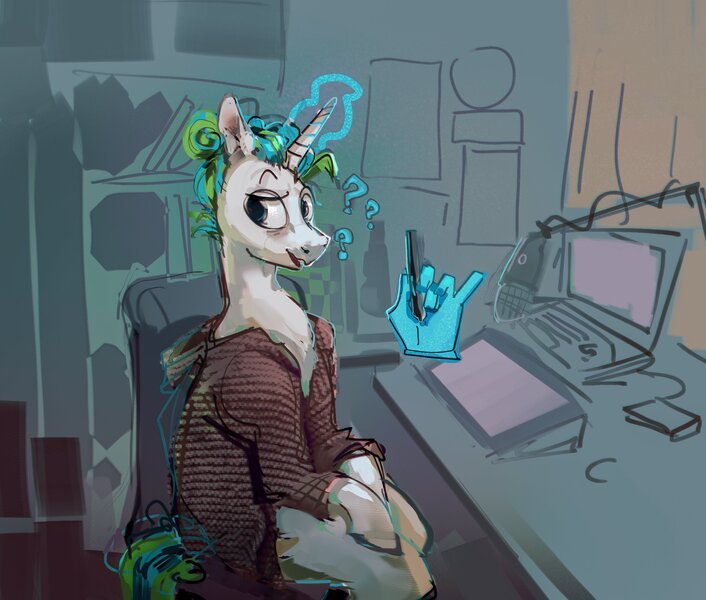 Size: 2464x2095 | Tagged: safe, artist:alumx, derpibooru import, oc, oc:alumx, unofficial characters only, pony, unicorn, computer, desk, glow, glowing horn, hand, horn, image, jpeg, magic, magic hands, ponysona, solo, stylus