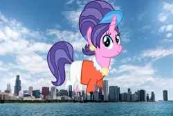 Size: 1920x1280 | Tagged: safe, artist:thegiantponyfan, artist:vector-brony, derpibooru import, cookie crumbles, pony, unicorn, chicago, clothes, ear piercing, female, giant pony, giant unicorn, giantess, highrise ponies, illinois, image, irl, jewelry, looking at you, macro, mare, mega giant, photo, piercing, png, ponies in real life, smiling, solo