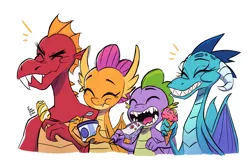 Size: 2560x1704 | Tagged: safe, artist:fanzeem, derpibooru import, garble, princess ember, smolder, spike, dragon, ^^, eating, emanata, eyes closed, food, gem, ice cream, ice cream cone, image, jpeg, popsicle, sharp teeth, simple background, spoon, teeth, white background, winged spike, wings