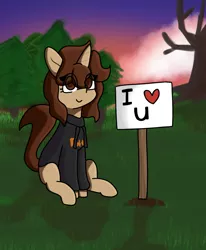 Size: 1400x1700 | Tagged: safe, artist:seylan, derpibooru import, oc, unofficial characters only, pony, unicorn, clothes, digital art, eye clipping through hair, hoodie, i <3 u, image, looking at you, outdoors, png, sign, sitting, smiling, smiling at you, solo, sunrise